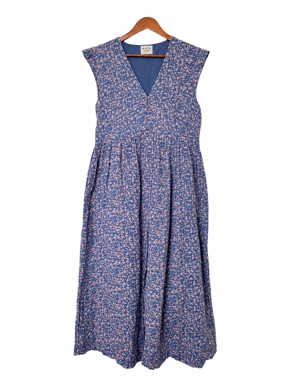 MIRTH Sleeveless Blue Midi Dress with Pink Floral Print